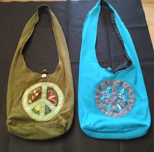 Peace Sign Hippie Bag Boho Crossbody Purse Blue One/Green One-Set of 2 See Pics - Picture 1 of 19