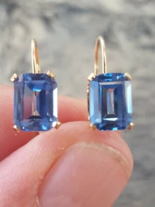 Blue Zircon Labcreated Octagon Cut Leverback Earrings 14kt Solid Yellow Gold - Picture 1 of 12
