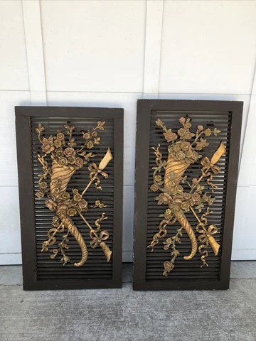 Fine Pair  Antique French Decorative Gesso Gilt Shutters Cover