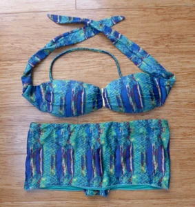 VIX Paula Hermanny Blue Green Snakeskin Skirted 2 pc Swimsuit Top S Bottom M - Picture 1 of 6