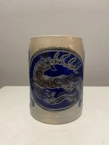 Vintage Reinhold Merkelbach Stoneware Cobalt Blue Salt Glaze Deer Beer Stein .5L - Picture 1 of 9