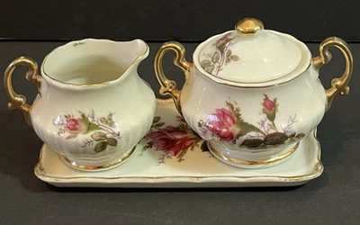 Royal Sealy Japan Individual Creamer Sugar Tray Set Roses Victorian Feminine - Image 1 of 4