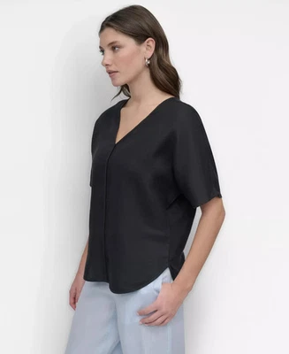 Top para mujer DKNY talla XS cosido delantero cuello en V dobladillo curvo lino Foto 1 de 3