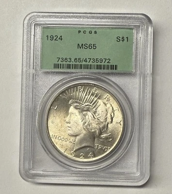 1924 PEACE DOLLAR  OLD GREEN HOLDER PCGS MS 65 - Image 1 of 3