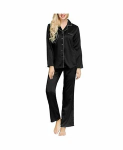 INK+IVY Women's Rayon Long Sleeve Button Top & Trouser Pajama Set (Black) Small - Picture 1 of 1