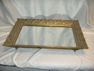 Vintage Gold Fern Filigree Mirror Large Rectangle Footed Vanity Cosmetic Tray - Picture 1 of 5