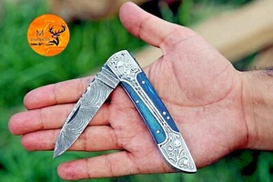 DAMASCUS STEEL FOLDING POCKET KNIFE SKINNING HUNTING SURVIVAL CAMPING EDC 770 - Picture 1 of 4