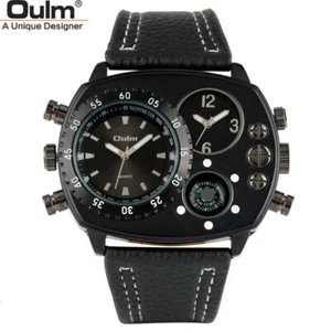 OULM 9865 Men Watch Military Sport Quartz Watches Leather Band Dual Time Compass - Picture 1 of 14