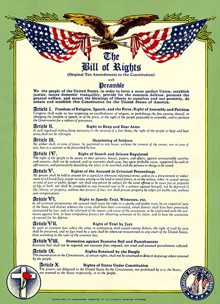 Bill Of Rights - Original Ten Amendments Constitution Preamble Veterans Poster