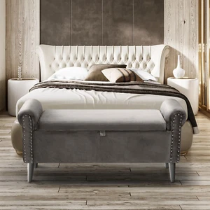 47" Upholstered Flip Top Storage Bench Nailhead Trim Ottoman Seat for End of Bed - Picture 1 of 9