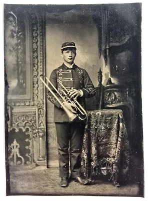 Antique Tintype Photo Military Band Musician Trombone Horn Uniform Occupational  - Image 1 of 3