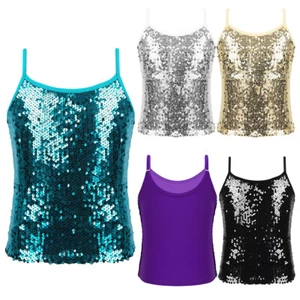 Kids Girls Tank Vest Shiny Dancewear Tango Tops Sequins Jazz Modern Costume - Picture 1 of 57