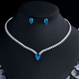 Light Blue CZ Crystal Women Necklace Stud Earrings Set for Wedding Party Jewelry - Picture 1 of 5