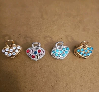 Set 4 Heart Rhinestone Mini Hair Claw Clips Gold Silver Tone Sparkly Barrettes - Image 1 of 4