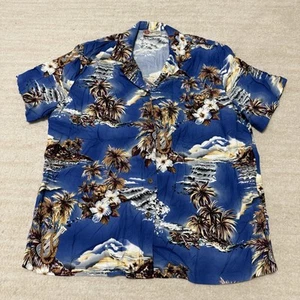 Vintage Hilo Hattie Hawaiian Original Shirt Palms Guitars Blue Men's Medium - Picture 1 of 6