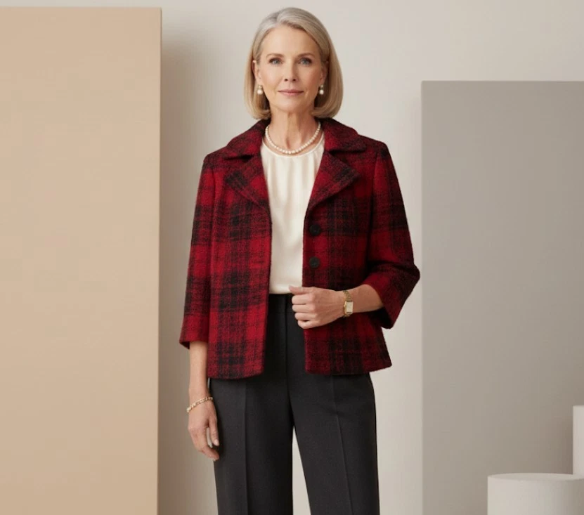 Chaqueta Talbots Mujer 14W Roja Negra Mezcla de Lana a Cuadros Forrada Abrigo de 3 Botones Foto 1 de 4