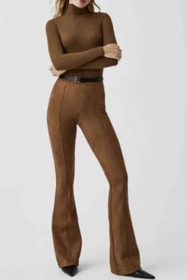Spanx Flare Pant S Faux Suede Caramel High Rise Pull-On Retro Hippie 70s Sculpt - Image 1 of 4