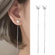 Silver Tassel Butterfly Threader Earrings Stud Long Drop Dangle Women Gift