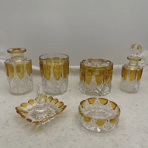 Antique Circa 1908 Val St Lambert Yellow & Clear Glass 8 Piece Vanity Set - Picture 1 of 12