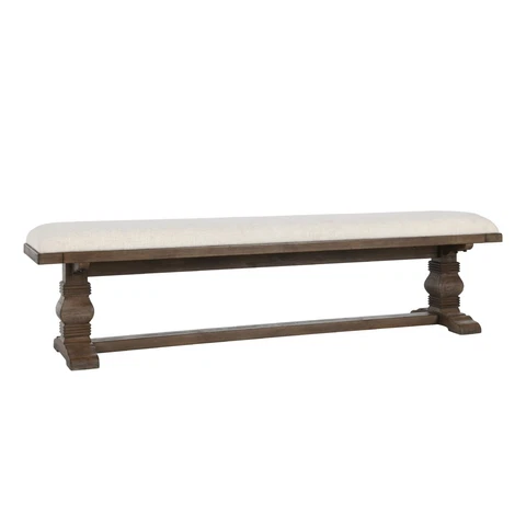 Kai 71 Inch Upholstered Dining Bench, Solid Wood, Turned Pedestals, Brown Cover