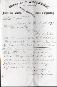 Vintage 1881 House of C.Bridgman Groceries Hand Signed Letterhead - Keene NH - Picture 1 of 1