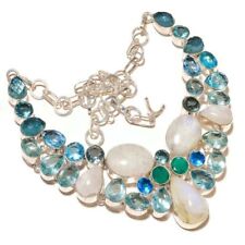 Cabochon Moonstone, Blue Topaz, Green Onyx Gemstone Handmade Statement Necklace