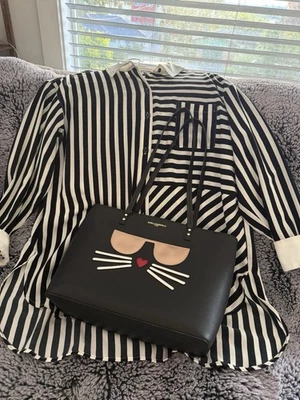 Karl Lagerfeld Paris Maybelle Leather Tote Kitty With Bonus Black & White Blouse - Image 1 of 4