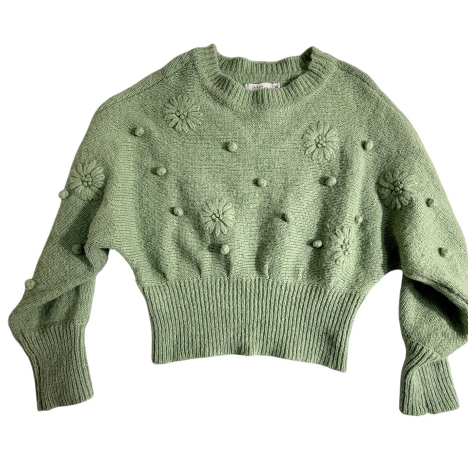 LUSH Seafoam Floral Pom Pom Knit Sweater Dolman Sleeve Cropped Size S - Image 1 of 4