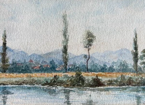Antique Drawing Original Mountain Landscape Trees, River - Picture 1 of 8
