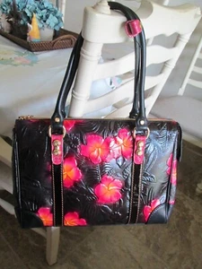 Marino Orlandi Hawaii Flower Pink & Brown Italian Leather Shoulder Satchel Bag - Picture 1 of 14