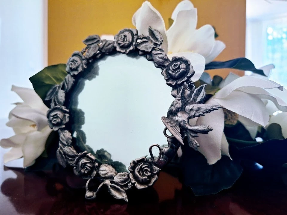 Art Nouveau Style Framed Mirror Pewter Floral Bird Motif Round Wreath - Image 1 of 4