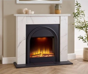 WHITE MARBLE EFFECT FIREPLACE BLACK ARCHED ELECTRIC FIRE REMOTE CONTROL LOGS - Picture 1 of 6