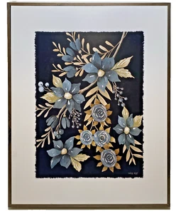 Broyhill Blue Flower Wall Art Framed w/Black Background Tan Leaves 16"x20" - Picture 1 of 11