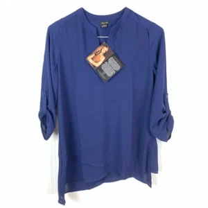 IMAN Womens Blouse Blue Roll Tab Sleeve Notch Neck Pleated Layered Hem S New - Picture 1 of 7
