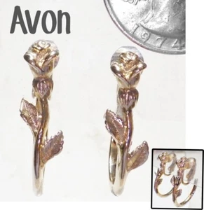 Unusual Vintage Signed AVON 1982 Narrow Rose Flower Hoop Clip Earrings GT 1" - Picture 1 of 6