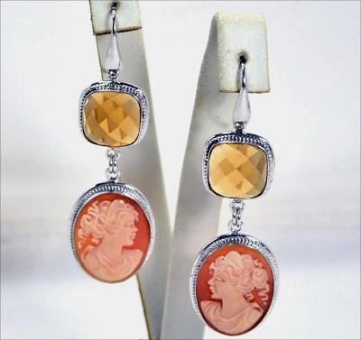 ORECCHINI IN ARGENTO 925 CON CITRINO E CAMMEO CORNEOLA VOLTO PENDENTI AGHT 0441 - Immagine 1 di 3