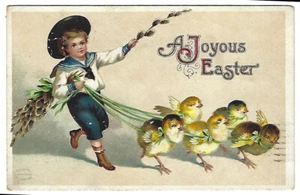 Una alegre Pascua vintage postal niño alemán caminando pollitos - Imagen 1 de 2