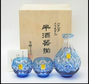 Kagami Crystal Edo Kiriko Sake Bottle & 2 set of Cups Blue JAPAN NEW - Picture 1 of 4