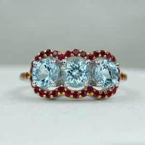 1.80CT  Round Lab Created Aquamarine and Ruby 14K Yellow Gold Plated Band Ring - Picture 1 of 4