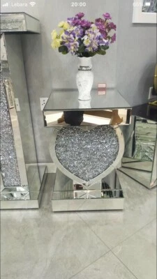 Mirrored Crushed Crystal Diamond Pedestal Table Heart Shape End Table Lamp Table