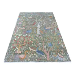5'2"x7'1" Green, Hand Knotted Afghan Peshawar Birds Design Soft Wool Rug R20438 - Picture 1 of 6