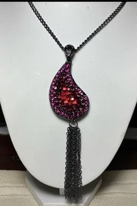 Necklace 18” shimmery tassel pendant Flapper on black chain Pink Purple Red - Picture 1 of 10
