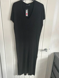 🖤 M&S Collection Black Ribbed Knit Midaxi Dress - Size L (UK 16) - Picture 1 of 8