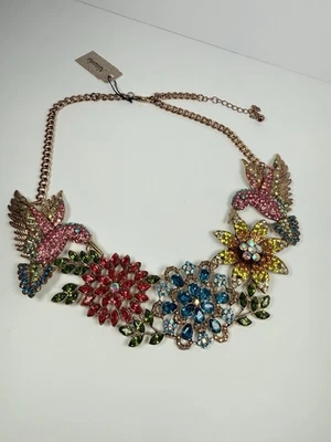 NWT Natasha Glamorous Statement Necklace Hummingbird Floral Multicolor Crystal - Image 1 of 4