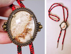 Crazy lace agate 40x30 gemstone cabochon bolo tie, red black plaid tie. EXC COND - Picture 1 of 7