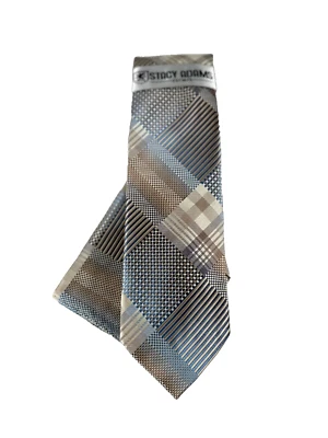 Stacy Adams Men's Tie & Hanky Beige Cobalt Blue Bone Plaids Checks 3.25" Wide - Image 1 of 4