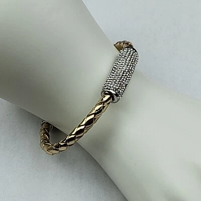 Metallic Gold Color Faux Leather Bracelet Pave Crystal Bar Stainless Steel 8" - Image 1 of 4