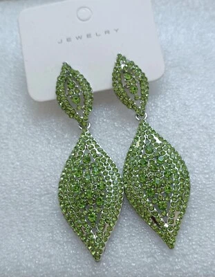 1 paar Ohrringe Hängend Clip Oval Grün/silberfarben Strass Modeschmuck - Bild 1 von 4