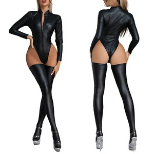Womans Latex Wet Look Leather Zipper Front Catsuit Bodysuit Jumpsuit Stockings - Picture 1 of 17