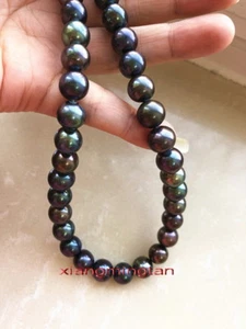 AAAAA 20"11-12 mm REAL Tahitian round BLACK green multicolor pearl necklace 14K - Picture 1 of 4